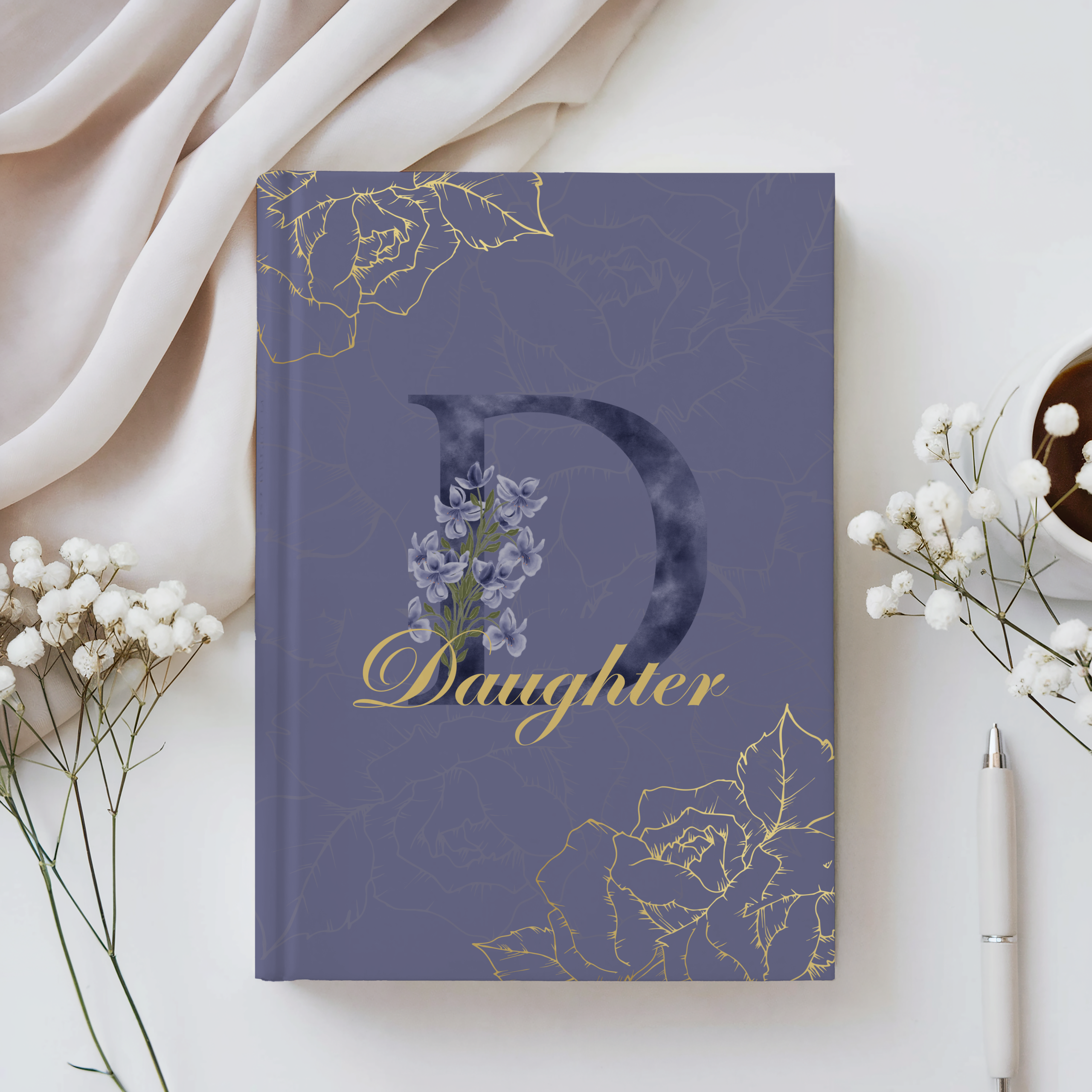 Elegant floral relationship journal with monogram shown in lifestyle setting, meaningful gift for women including wife, mom, sister, daughter, friend, or grandmother