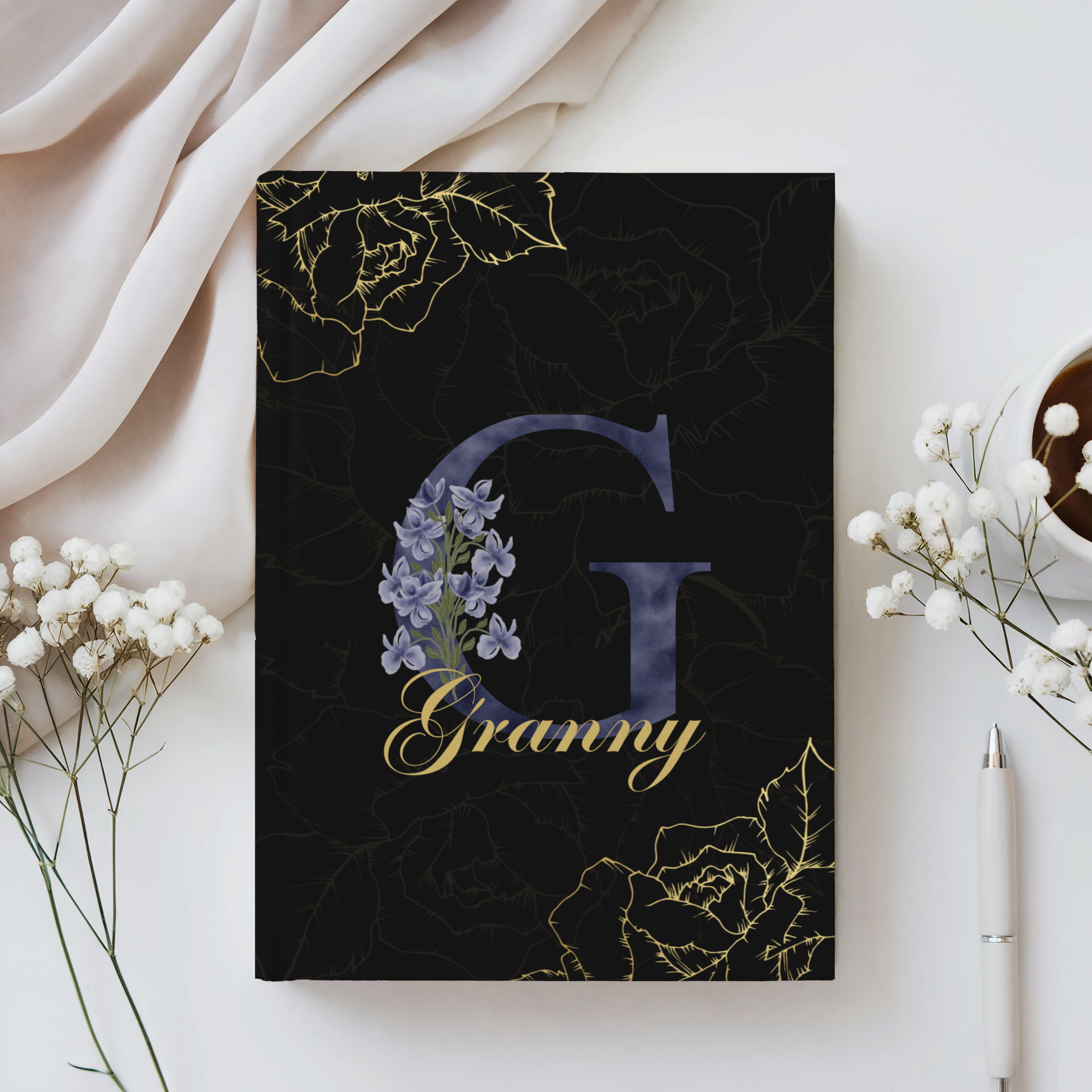Elegant floral relationship journal with monogram shown in lifestyle setting, meaningful gift for women including wife, mom, sister, daughter, friend, or grandmother