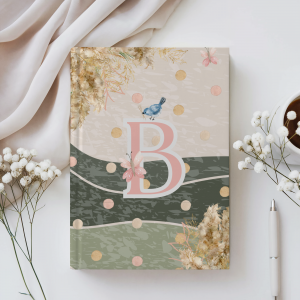 Country garden floral monogram journal styled on desk, decorative A–Z letter notebook for journaling, prayer, or creative writing
